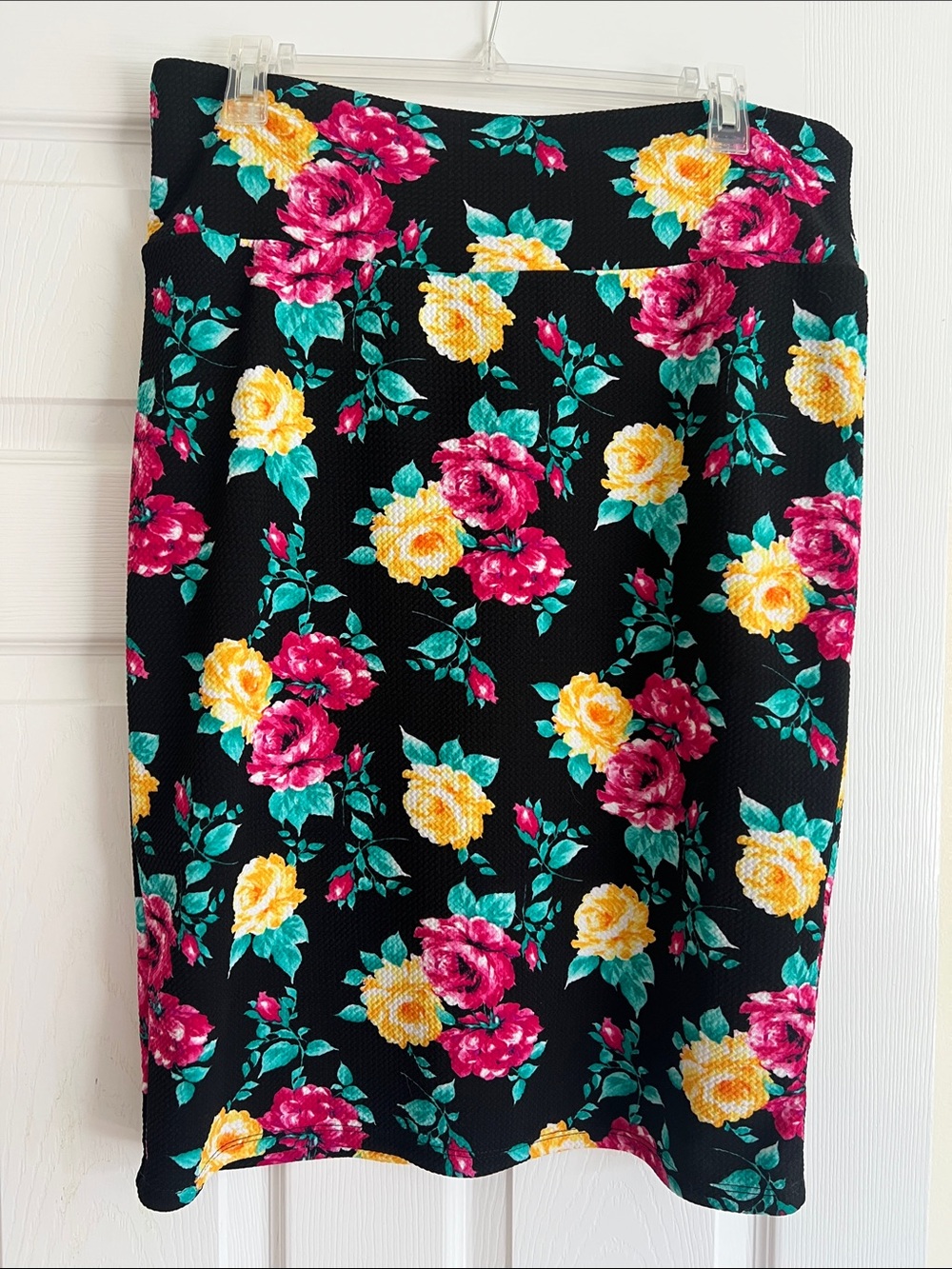 LuLaRoe Black Pencil Skirt with Pink & Yellow Floral Print